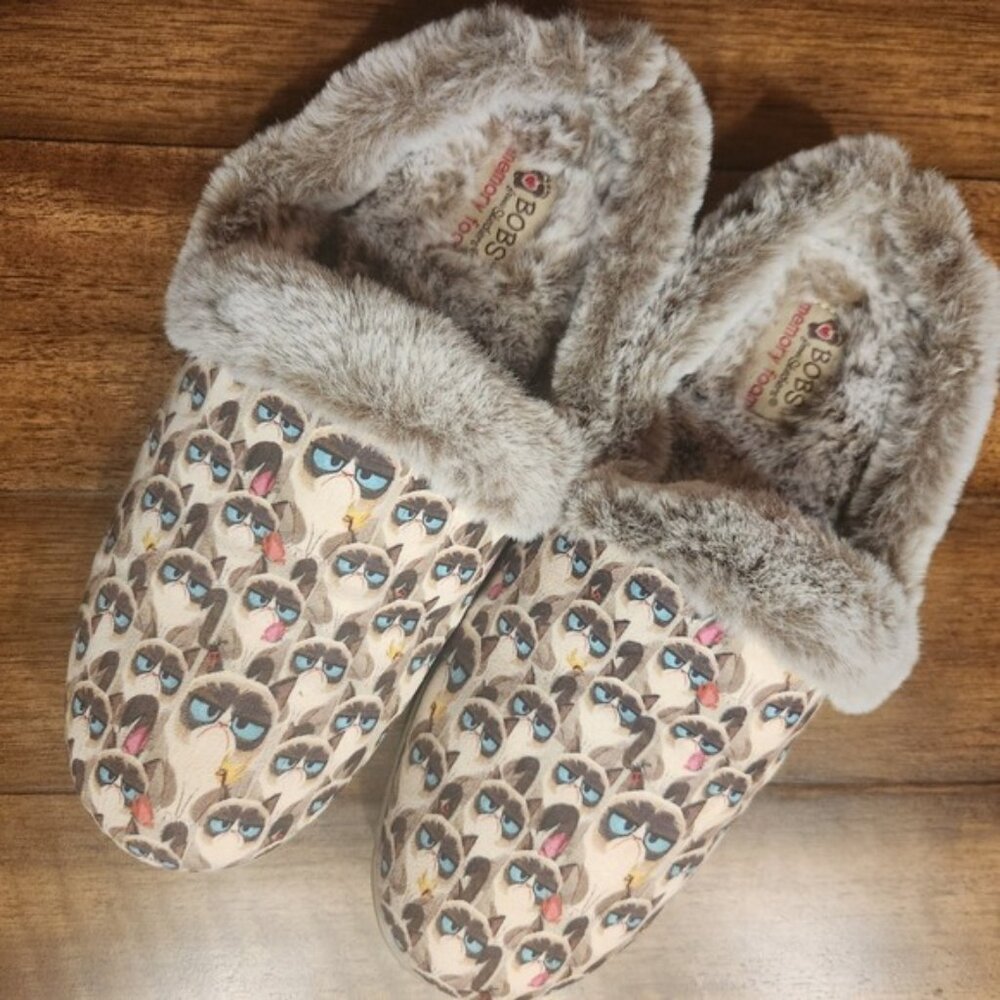 BOBS Skechers Grumpy Cat Slippers Keep It Grumpy‎ Tan Faux Fur womens 8
